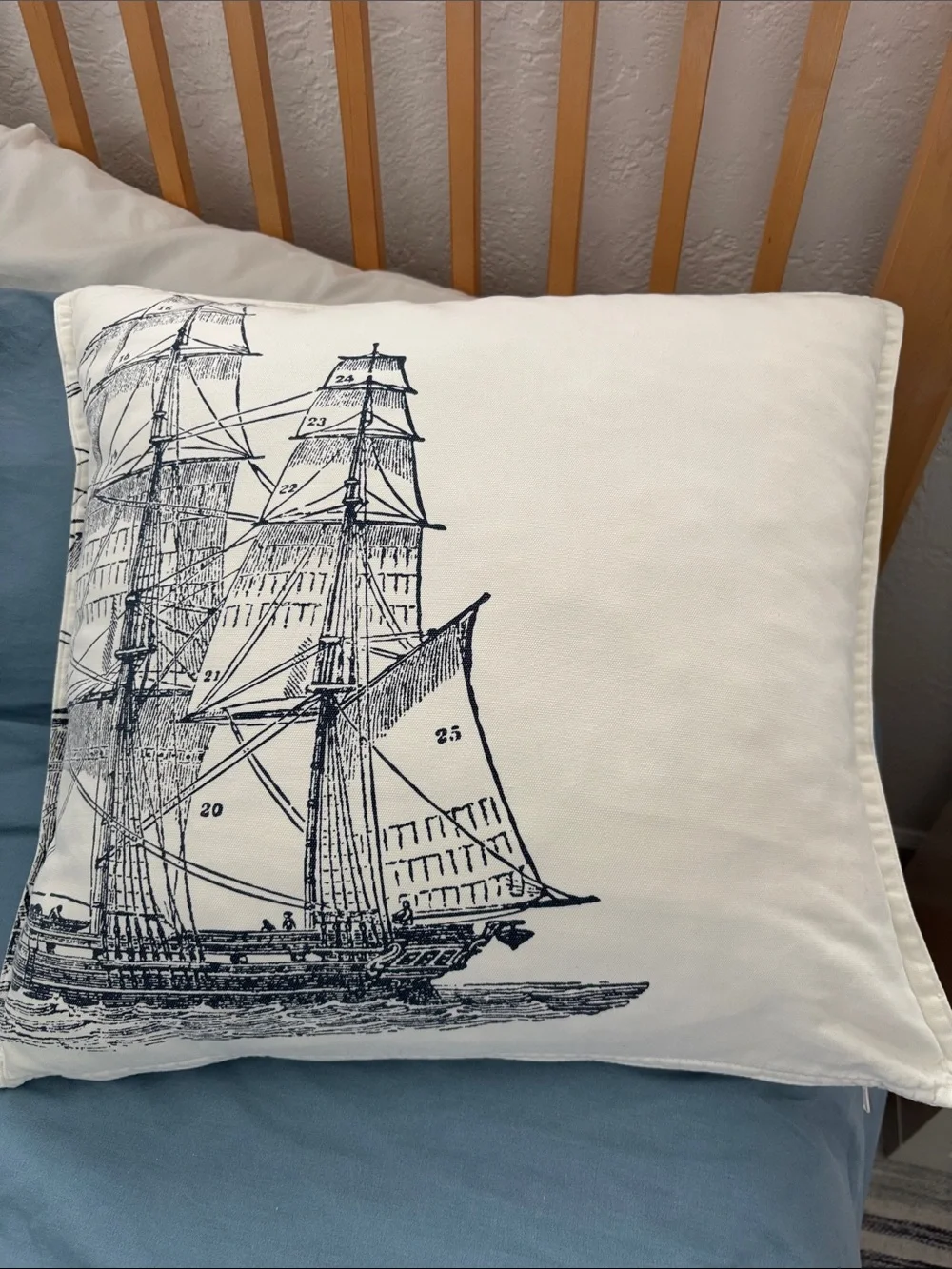 Nautical Ship Print Decorative Pillow cover off white base col 19x18 with zipper